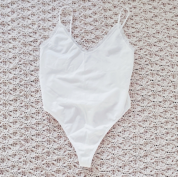 Forever 21 V Neck Strappy Thong Bodysuit Onesie- White - Picture 2 of 5